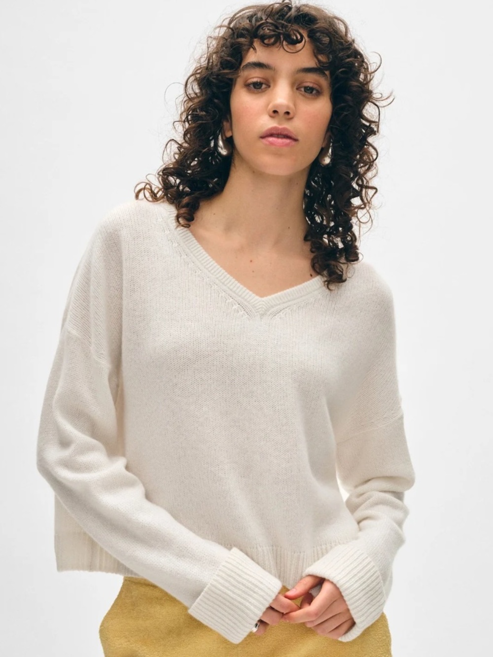White + Warren - Cashmere Cuffed V-Neck Sweater Soft White NWT
